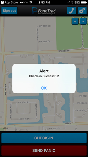 Once the Check-In is sent, press OK to clear the confirmation message.