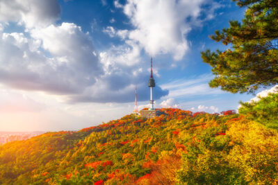 Namsan Seoul Tower standing amidst vibrant autumn trees.